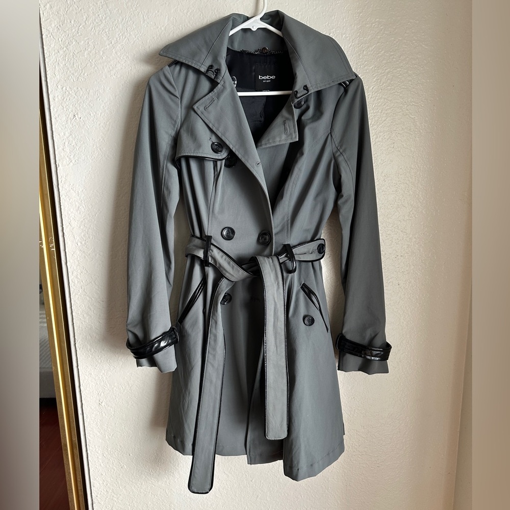 BEBE Trench Coat Gray w/ black accents, corset back, super stylish and cute